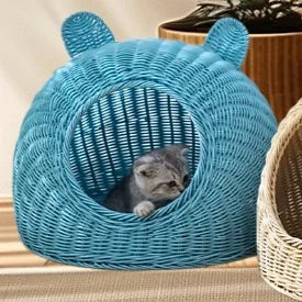 Semi-Enclosed Rattan Cat Bed