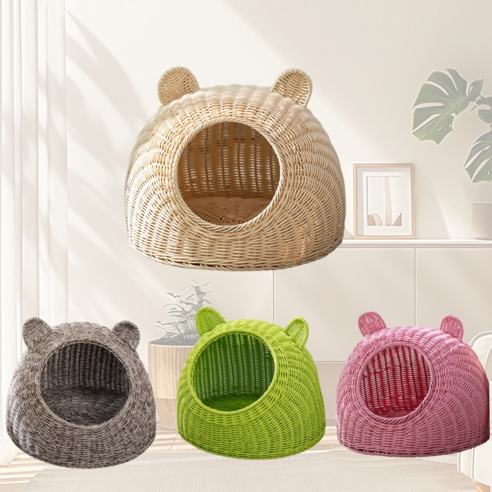 Semi-Enclosed Rattan Cat Bed
